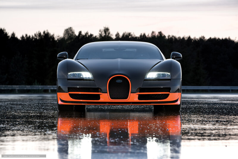 Bugatti Veyron Supercar — Black, Dramatic, Sunset, Photograph, Wet Road, Trees, Headlights