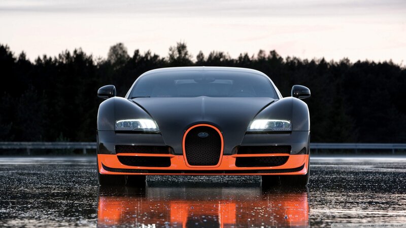 Bugatti Veyron Supercar — Black, Dramatic, Sunset, Photograph, Wet Road, Trees