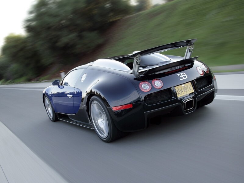 Bugatti Veyron Supercar — Black, Dynamic, Afternoon, Photograph, Road, Trees, Tire