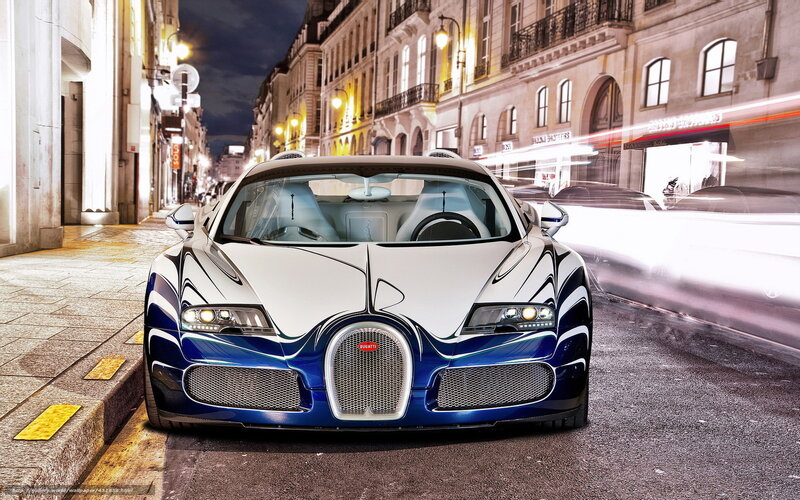 Bugatti Veyron Supercar — Blue, Dramatic, Night, Photograph, Street