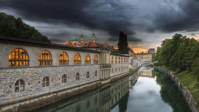 Building Along River — Gray, Dramatic, Sunset