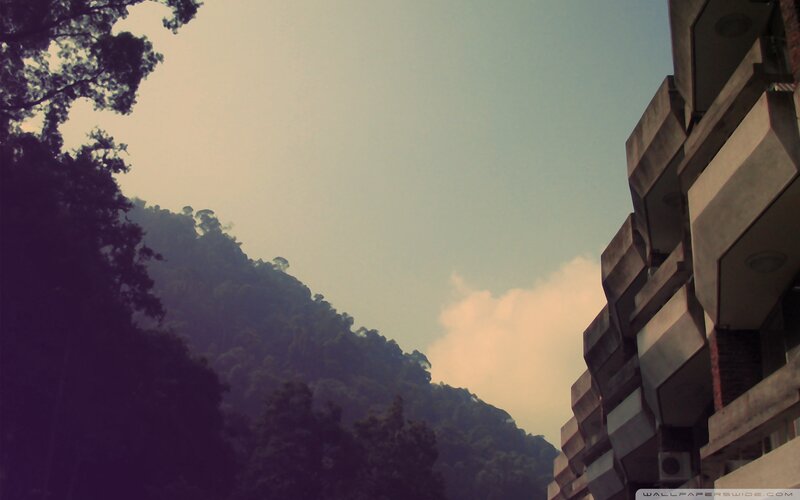 Building and forested hillside