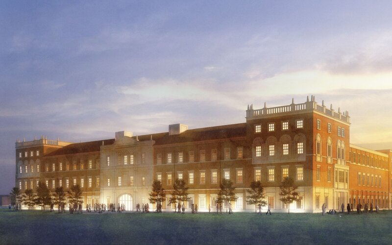 building at dusk with people