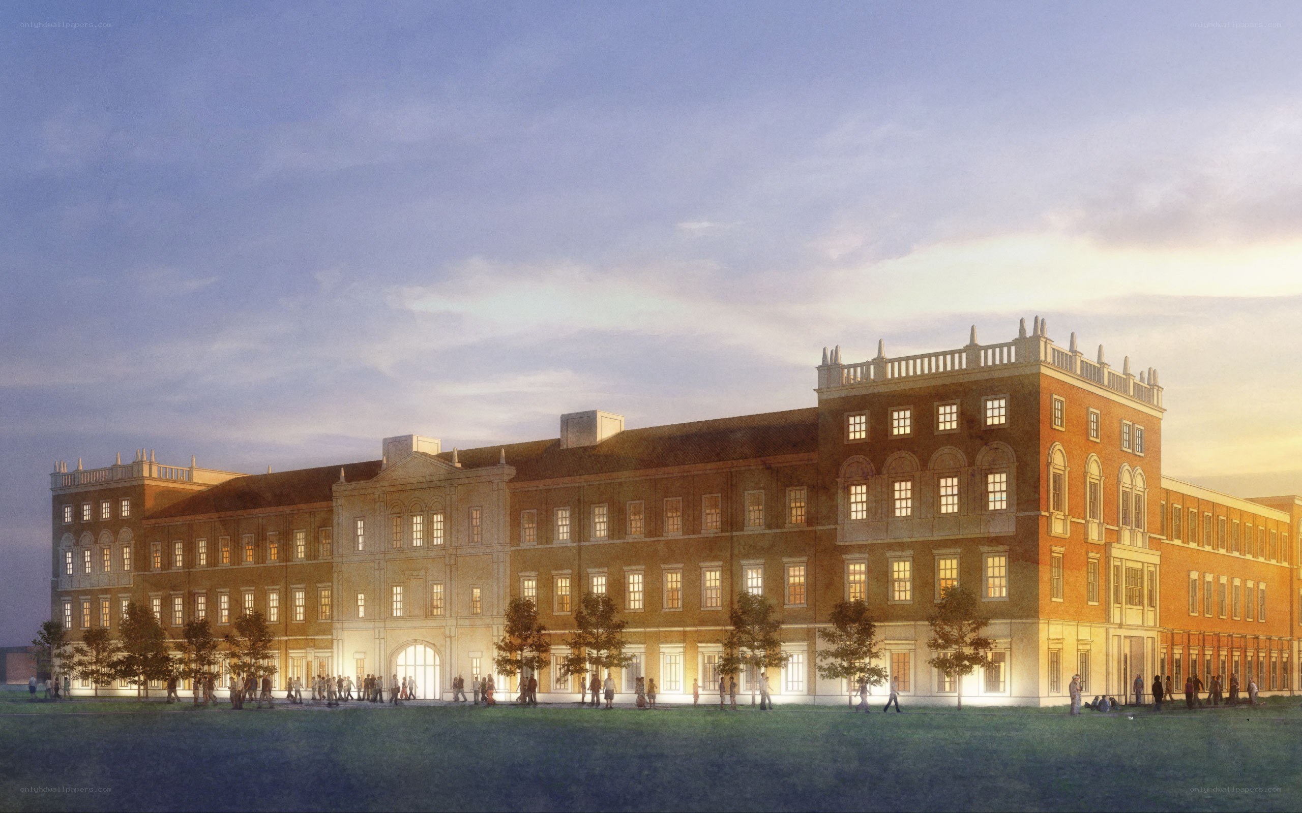 building at dusk with people
