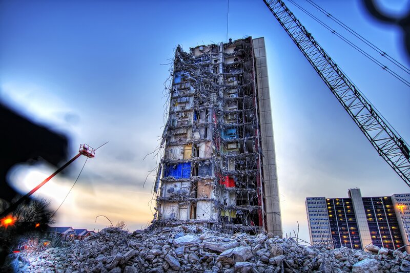Building demolition at dusk