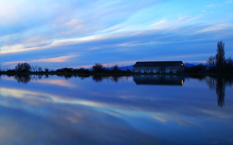 Building on Lake Shore — Blue, Serene