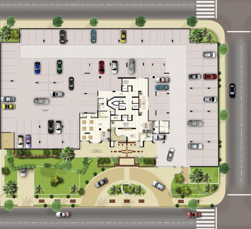 Building parking and entrance layout