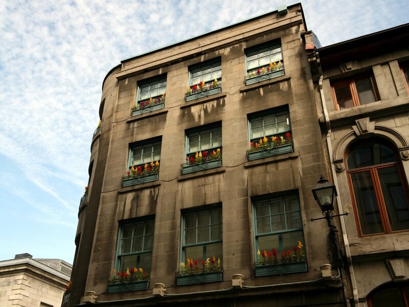 building with flower boxes