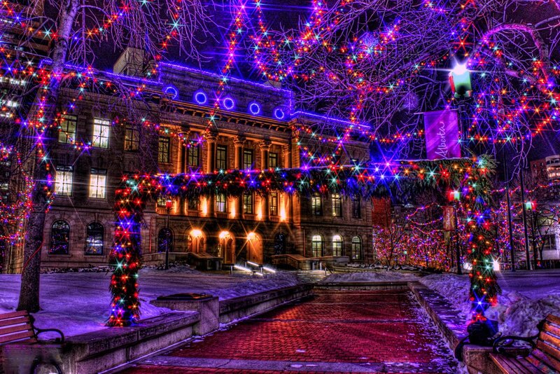 Building with Holiday Lights — Purple