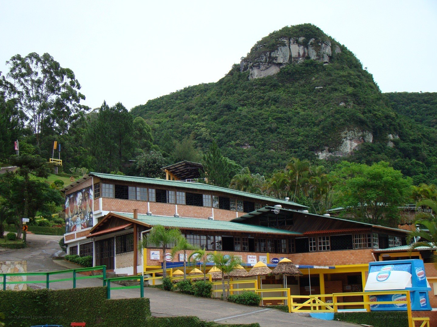 Building with mountain backdrop