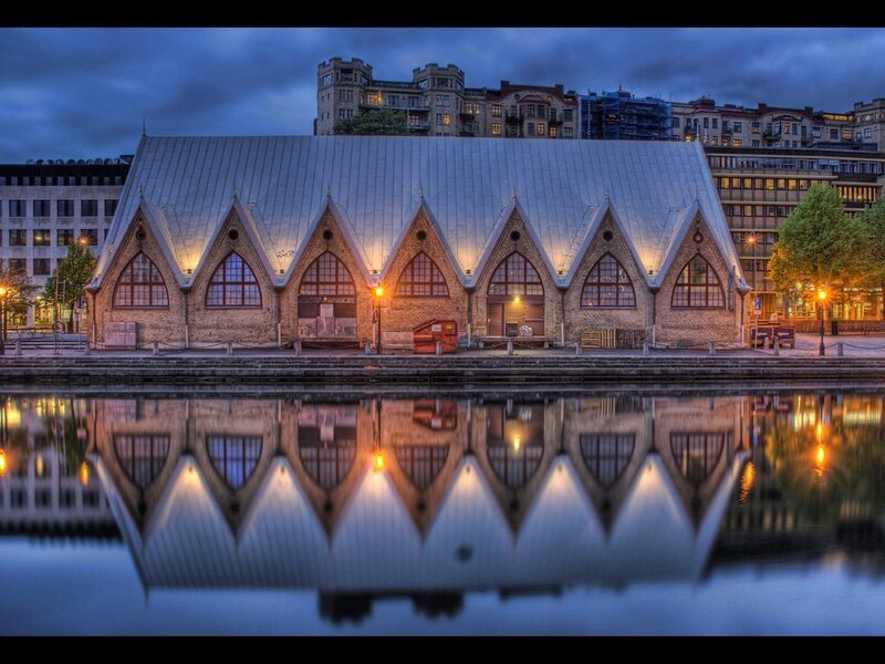 Building with water reflection
