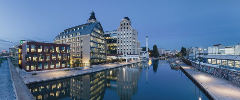 Buildings Along Canal — Blue, Serene