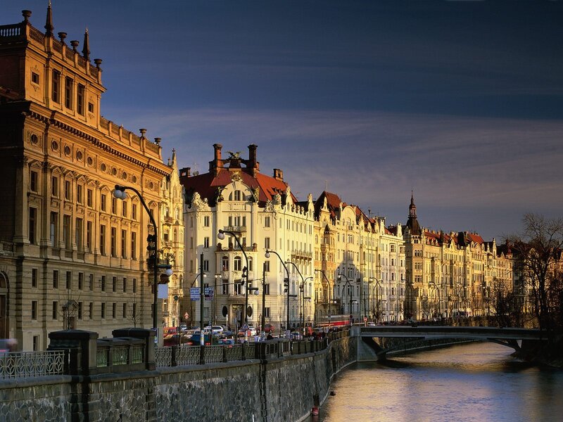 Buildings Along Riverbank — Blue, Dramatic, Sunset