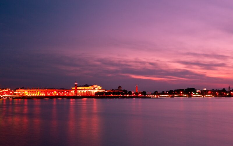Buildings Along Riverbank — Purple, Serene