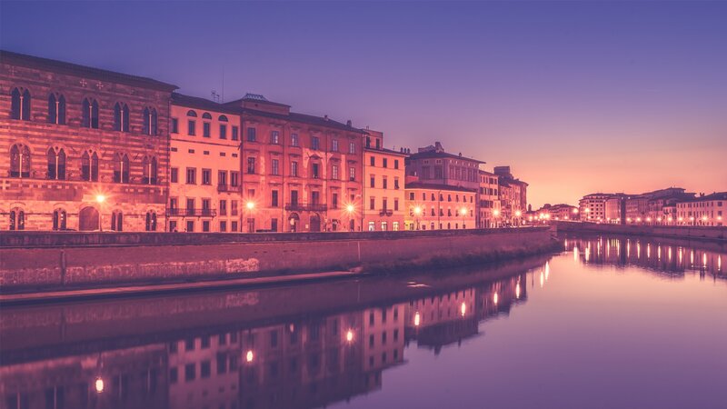 Buildings Along Riverbank — Purple