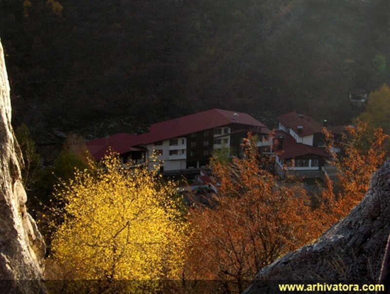 Buildings in Autumn Forest