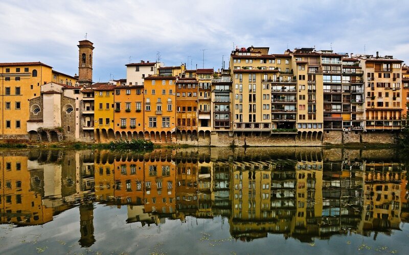 Buildings reflected in a river
