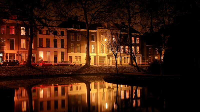 Buildings Reflected in Water — Orange