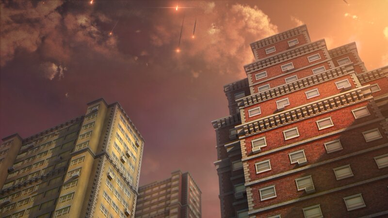 Buildings under Meteor Shower