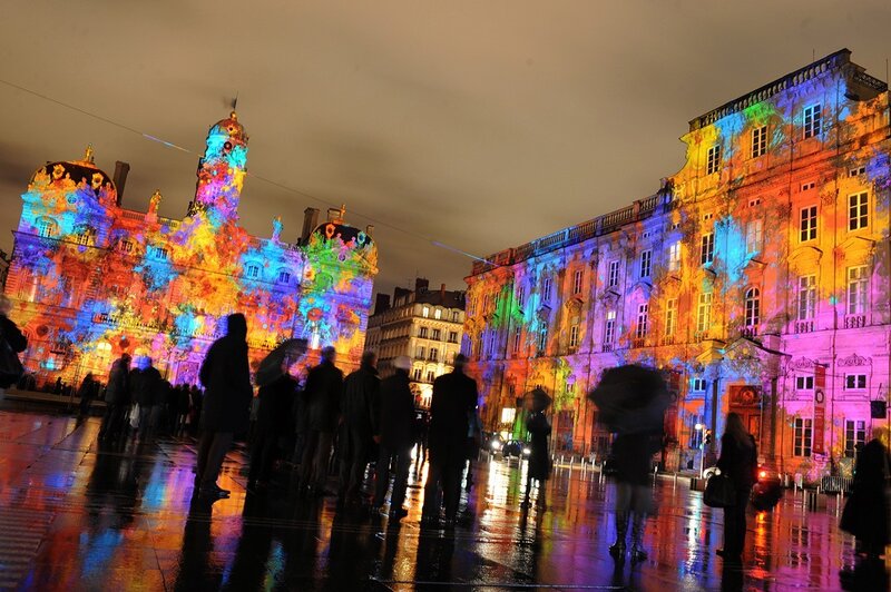 Buildings with Light Show — Blue, Dramatic