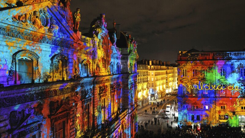 Buildings with Light Show — Blue, Festive