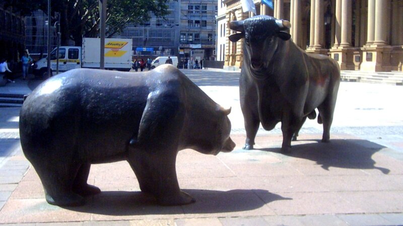 Bull and bear statues in city