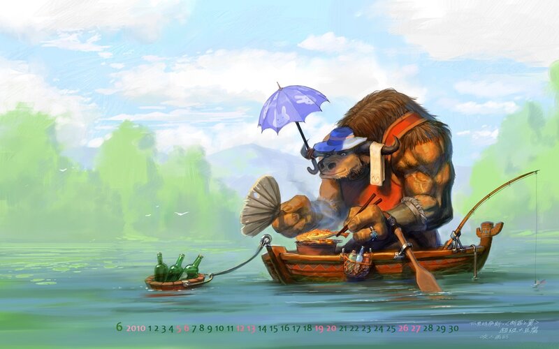 Bull character fishing on a lake