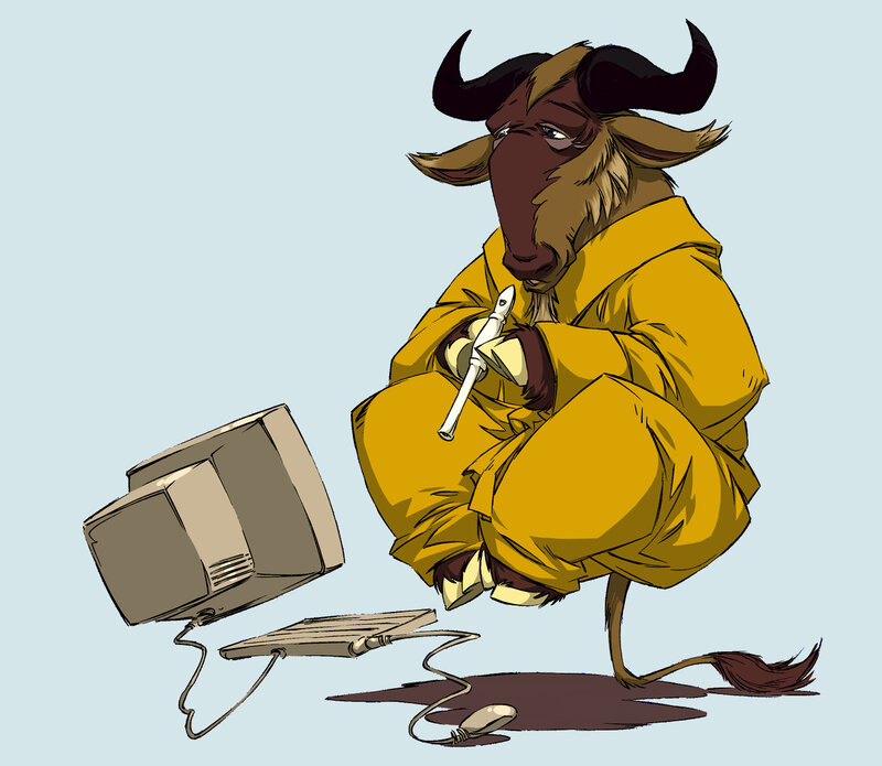 Bull character with computer