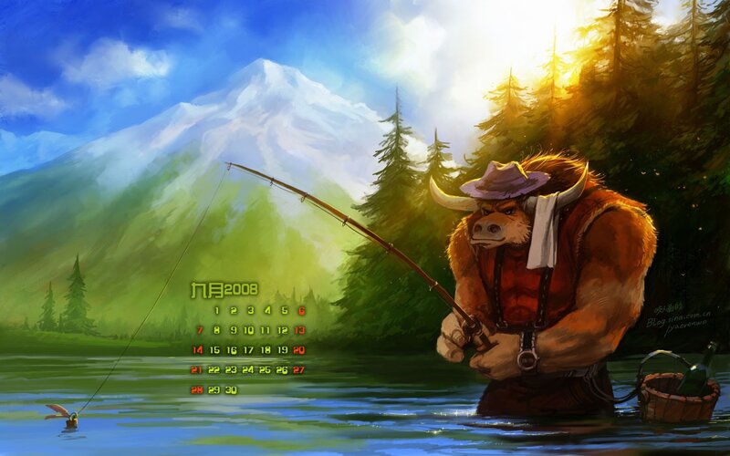 Bull fisherman in mountain lake
