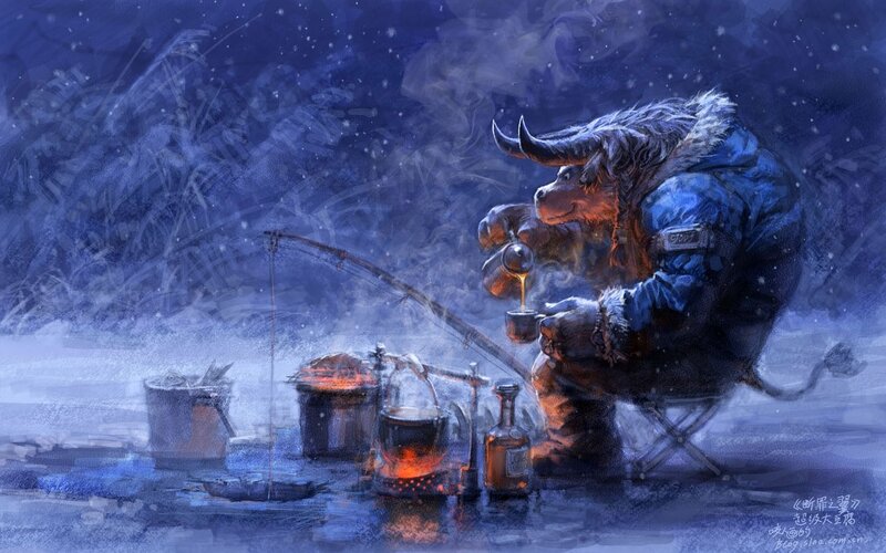 Bull-like creature fishing in snow