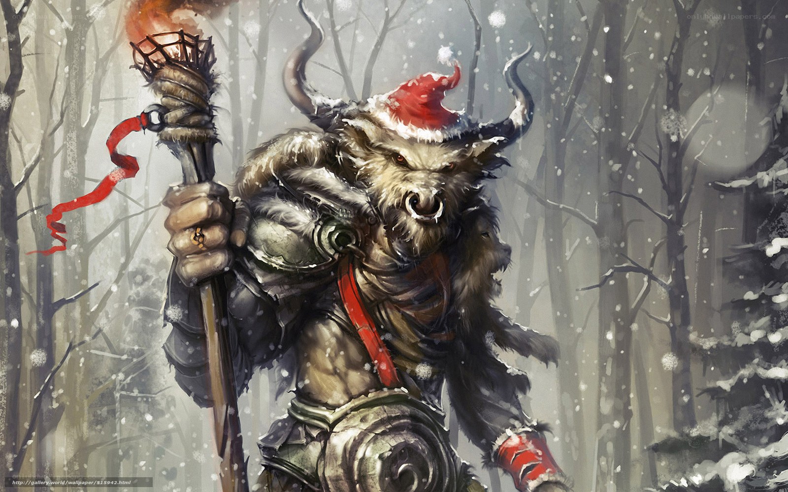 Bull-like warrior in snowy forest