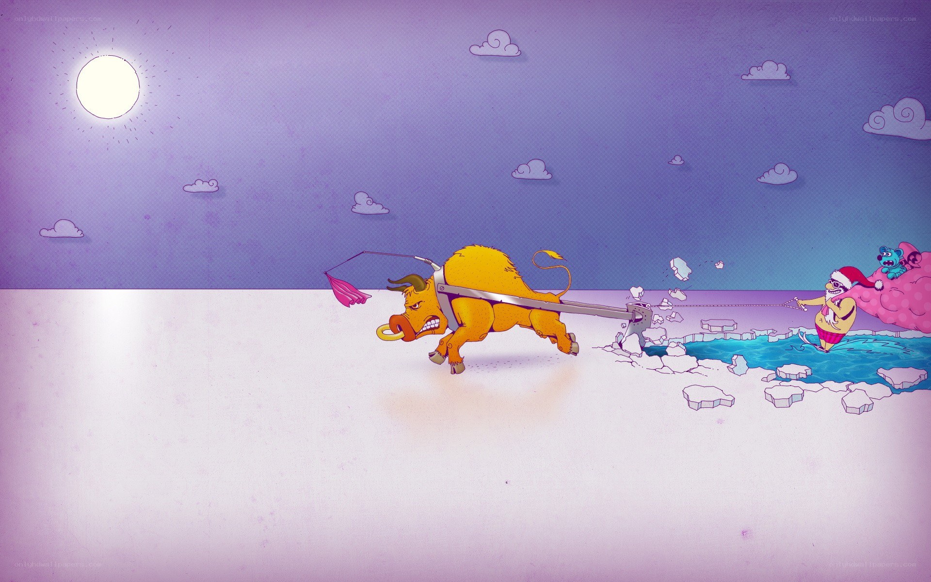Bull pulling Santa on ice