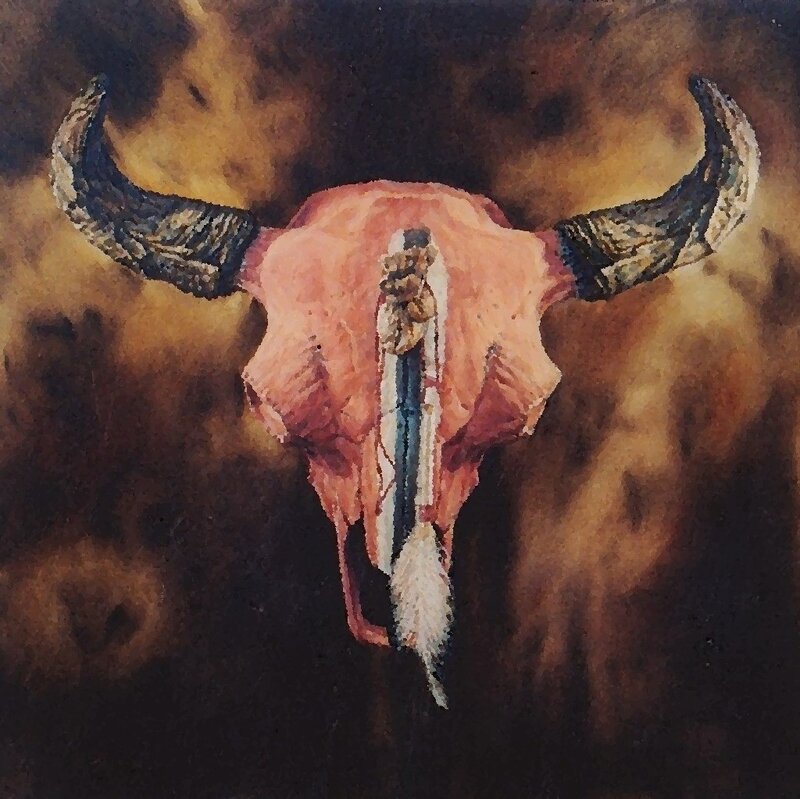 Bull Skull with Feathers