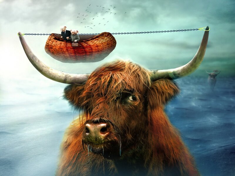 Bull with basket on horns