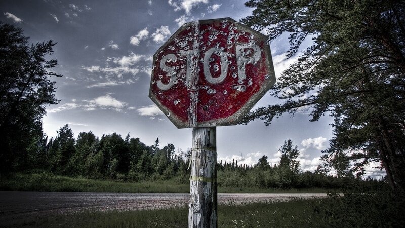 Bullet-riddled Stop Sign — Red, Dramatic, Afternoon