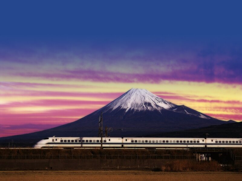 Bullet Train in Front of Mountain — Blue