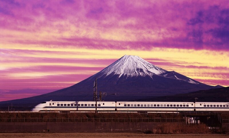 Bullet Train in Front of Mountain — Purple, Dramatic