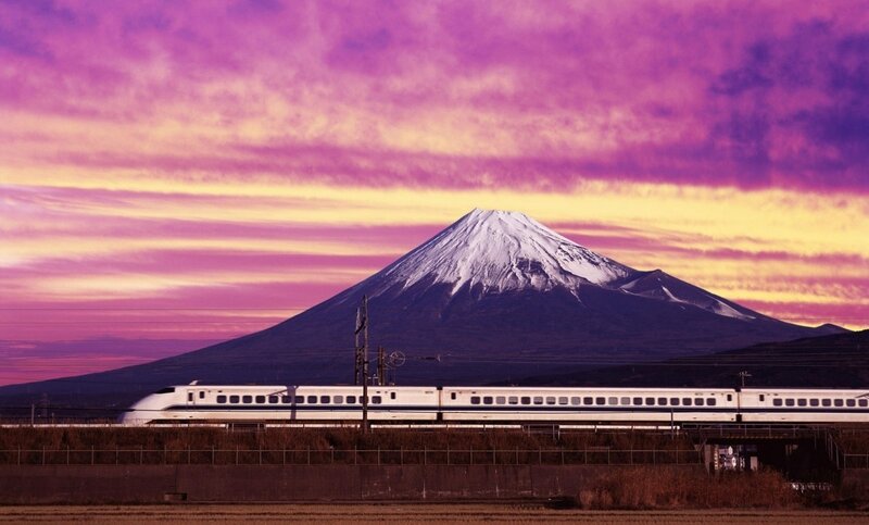 Bullet Train in Front of Mountain — Purple