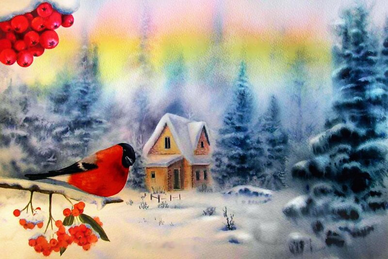 Bullfinch on Branch — Red, Serene
