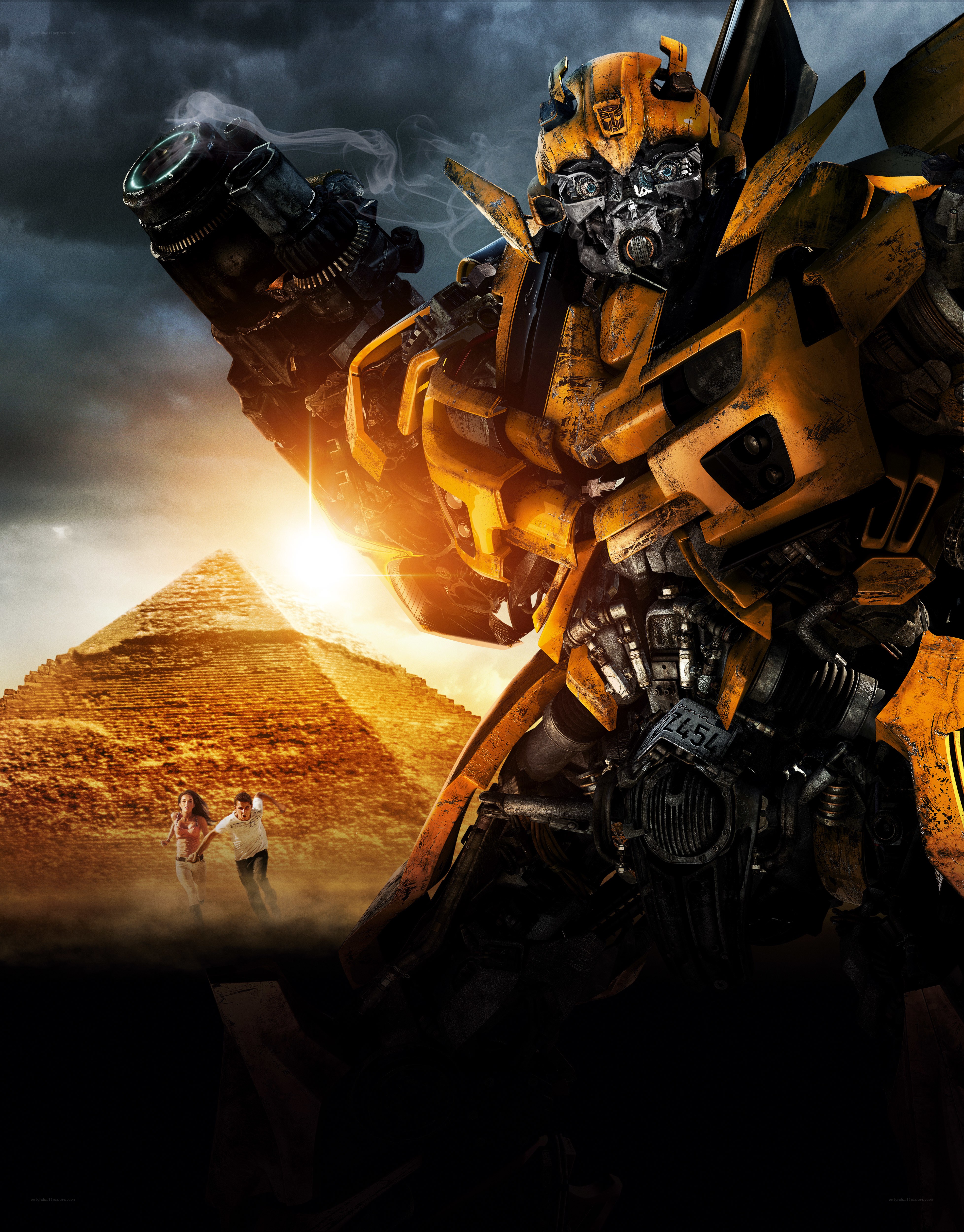 Bumblebee stands before pyramids