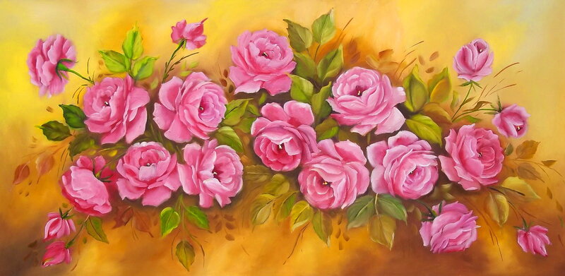 Bunch of Pink Roses — Calm, Painting, Leaves