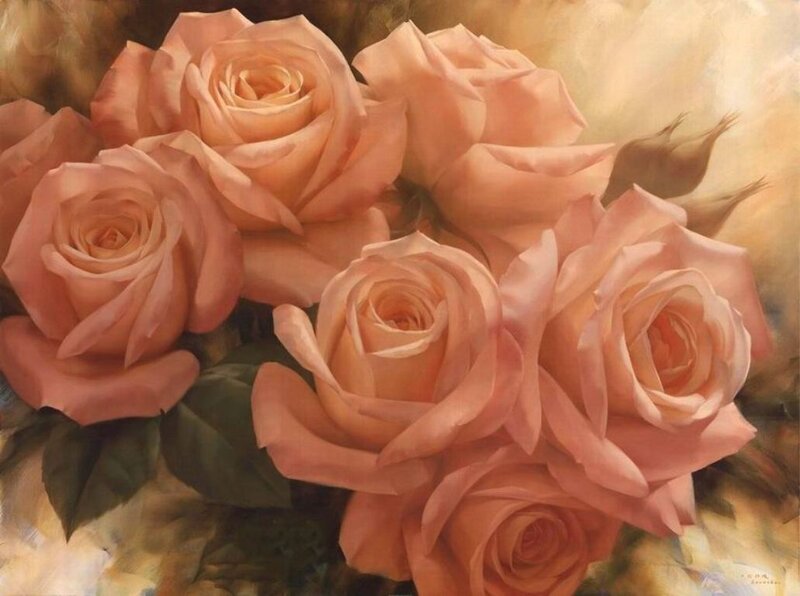 Bunch of Pink Roses — Serene, Painting, Green Leaves