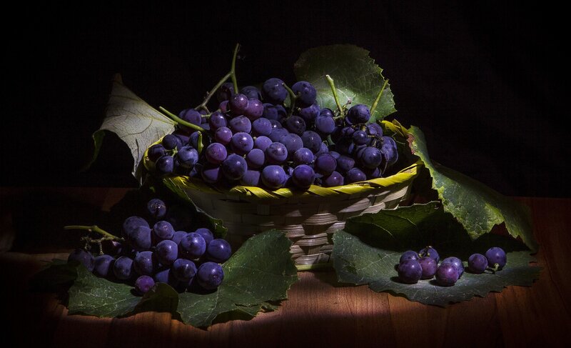 Bunch of Purple Grapes — Dramatic, Photograph, Basket