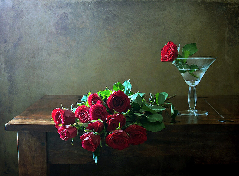 Bunch of Red Roses — Dramatic, Photograph, Table