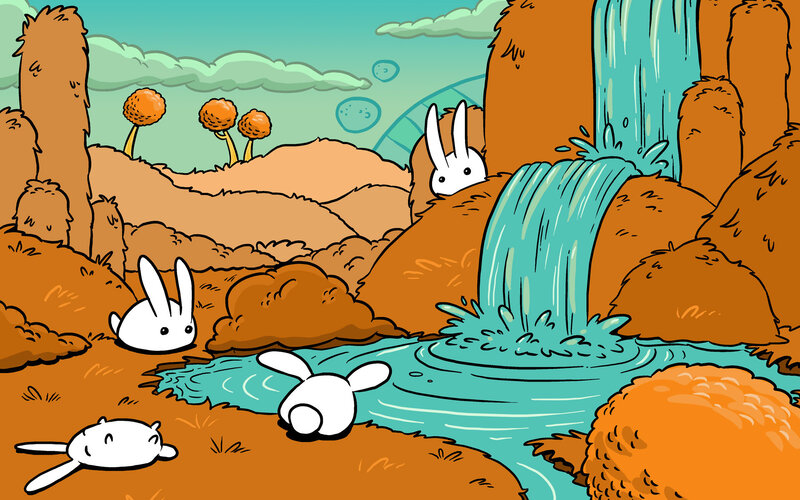 bunnies by a waterfall