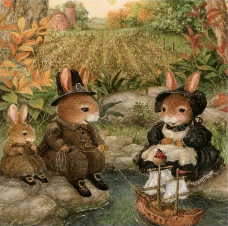 Bunnies Fishing by Stream