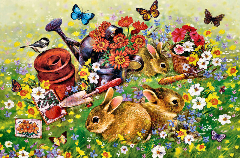 Bunnies in a Garden — Green, Cheerful