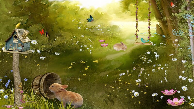 Bunnies in a Garden — Green
