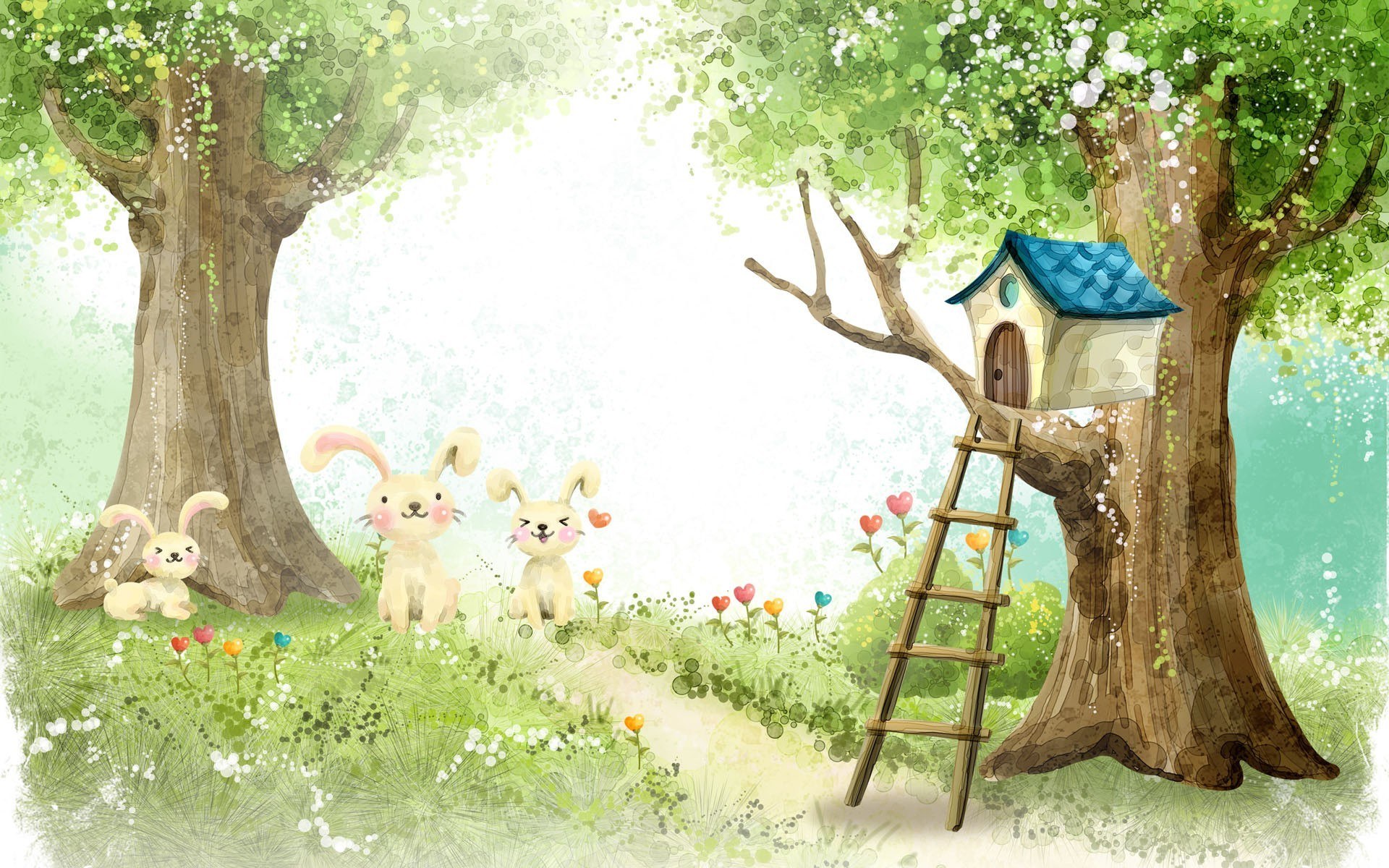 bunnies in a treehouse forest
