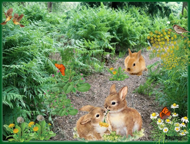 Bunnies in Garden — Green, Serene, Spring, Digital Art